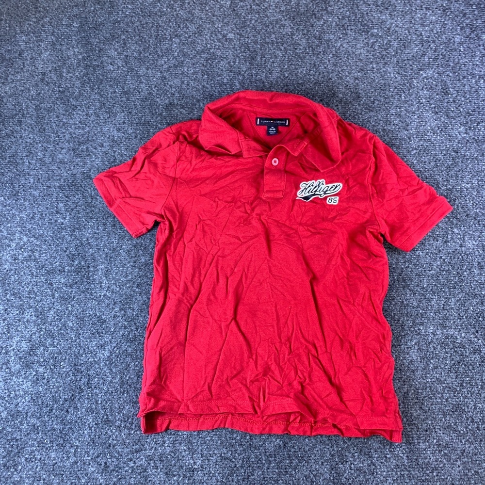 Tommy Hilfiger Polo Shirt Boys M 8-10 Red Script 85 Logo Cotton Short Sleeve